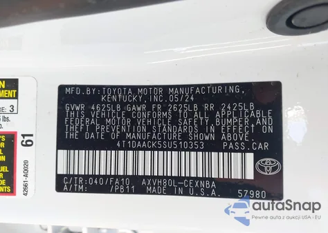 2025 Toyota Camry Le z USA, uszkodzony, nr VIN 4T1DAACK5SU510353